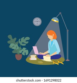 Working at home, co-working space, concept illustration. Young people, Woman freelancer working on laptop and computer at home. People at home in quarantine. Vector flat style illustration