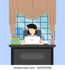 Trabajo en casa, espacio de trabajo, ilustración conceptual. Jóvenes, hombres independientes que trabajan en laptop en casa. Gente en casa en cuarentena. Ilustración de estilo plano vectorial