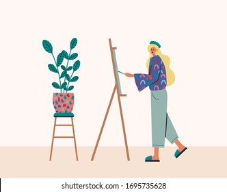 Working at home, coworking space, concept illustration. Young woman draw on an easel at home. People at home in quarantine. Vector flat style 
