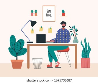 Working at home, coworking space, concept illustration. Young man freelancer working on laptop. People stay at home in quarantine. Vector flat style