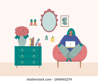 Working at home, coworking space, concept illustration. Young girl freelancer working on laptop. People stay at home in quarantine. Vector flat style