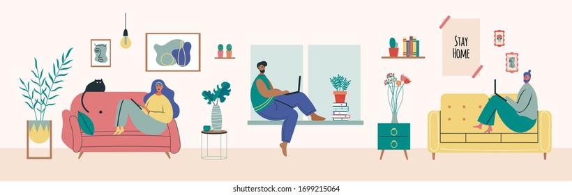 Working at home, coworking space, concept illustration. Young man and woman freelancer working on laptop. People stay at home in quarantine. Vector flat style