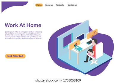 Working at home, coworking space, concept illustration. Young people, man and woman freelancers working on laptops and computers at home. People at home in quarantine. Vector flat style illustration