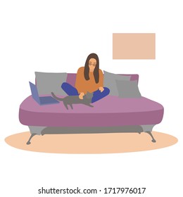 Working at home, coworking space, concept illustration. Young  woman freelancers working on laptops and computers at home. People at home in quarantine. Stock vector flat style illustration