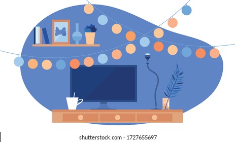 Working at home, coworking space, concept illustration. Home office.Stay in Quarantine.  Home Office Concept. Home schooling. Interior design. Vector illustration.