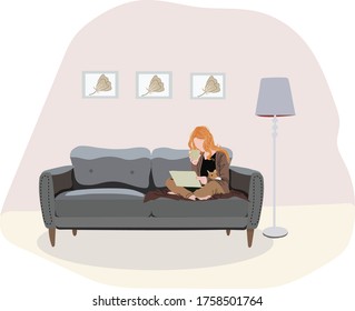 Working at home, coworking space, concept illustration.  Young woman freelance with a cat on sofa.Vector flat style illustration in biege colors. 