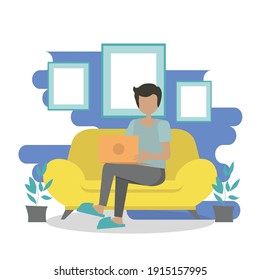 Working at home, coworking space, concept illustration. Young people, mаn and womаn freelancers working on laptops and computers at home. Vector flat style illustration