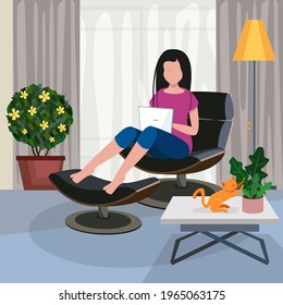 Working at home, coworking space, concept illustration. Freelance work concept. Girl with laptop in the room