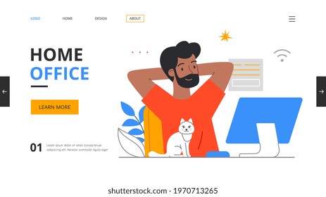 Working at home coworking space concept. Young man freelancer working on computer at home. Quarantine. Modern style outline flat cartoon vector illustration. Website, web page, landing page template