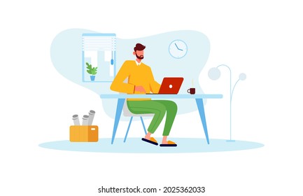 Working at home, coworking space, concept. Mаn freelancer working on laptop at home. Vector flat style illustration.