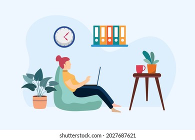 Working at home, coworking space, concept illustration. Woman freelancer working on laptop at home. People at home in quarantine. Vector flat style illustration