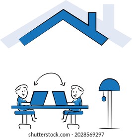 Working at home, coworking space, concept illustration. Man and man freelancers working on laptops and computers at home in quarantine. Gay love or LGBT concept.isolated vector illustration doodle
