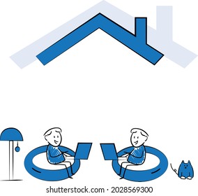 Working at home, coworking space, concept illustration. Man and man freelancers working on laptops and computers at home in quarantine. Gay love or LGBT concept.isolated vector illustration doodle
