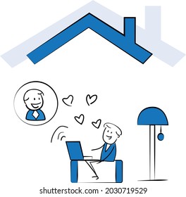 Working at home, coworking space, concept illustration. Man and man freelancers working on laptops and computers at home in quarantine. Gay love or LGBT concept.isolated vector illustration doodle