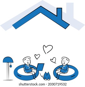 Working at home, coworking space, concept illustration. Man and man freelancers working on laptops and computers at home in quarantine. Gay love or LGBT concept.isolated vector illustration doodle