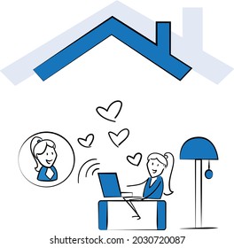 Working at home, coworking space, concept illustration. Woman and woman freelancers working on laptops and computers at home in quarantine. Gay love or LGBT concept.isolated vector illustration doodle