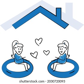 Working at home, coworking space, concept illustration. Woman and woman freelancers working on laptops and computers at home in quarantine. Gay love or LGBT concept.isolated vector illustration doodle