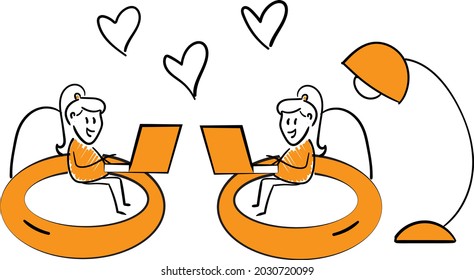 Working at home, coworking space, concept illustration. Woman and woman freelancers working on laptops and computers at home in quarantine. Gay love or LGBT concept.isolated vector illustration doodle