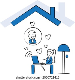 Working at home, coworking space, concept illustration. Man and woman  at home in quarantine. Online love - online love chat or conversation .isolated vector illustration doodle