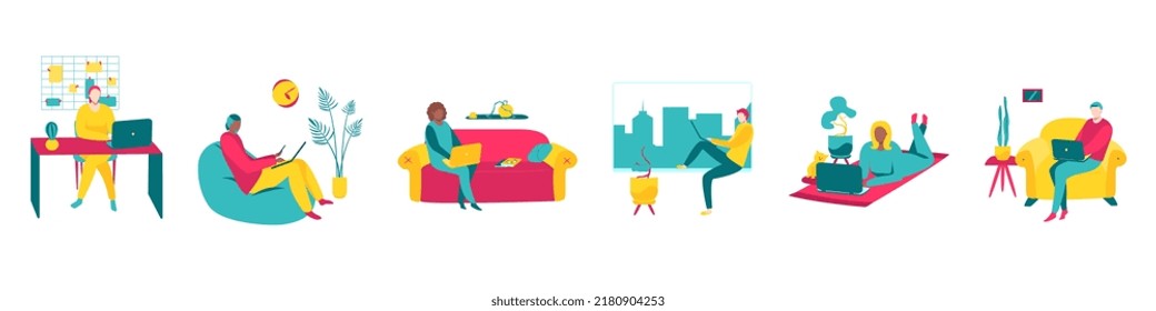 Working at home, coworking space, concept illustration. Young people, man and woman freelancers working on laptops and computers at home. People at home in quarantine. Vector flat style illustration