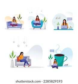 Working at home, co-working space, concept illustration. Young people, man and woman freelancers working on laptops and computers at home.