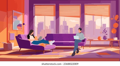 Working at home, coworking space, concept illustration. Young people, man and woman freelancers working on laptops and computers at home in modern living room. Vector flat style illustration.