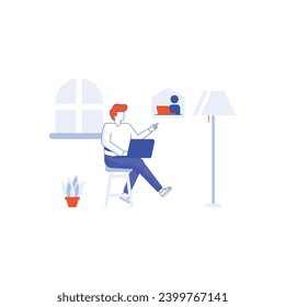 Working at home, co-working space, concept illustration. Young people, mаn and womаn Employees working on laptops and computers at home. People at home in quarantine. Vector flat style illustration