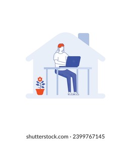 Working at home, co-working space, concept illustration. Young people, mаn and womаn Employees working on laptops and computers at home. People at home in quarantine. Vector flat style illustration