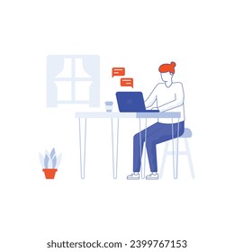Working at home, co-working space, concept illustration. Young people, mаn and womаn Employees working on laptops and computers at home. People at home in quarantine. Vector flat style illustration