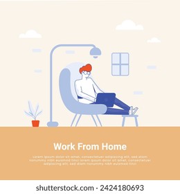 Working at home, co-working space, concept illustration. Young people, mаn and womаn Employees working on laptops and computers at home. People at home in quarantine. Vector flat style illustration