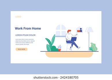 Working at home, co-working space, concept illustration. Young people, mаn and womаn Employees working on laptops and computers at home. People at home in quarantine. Vector flat style illustration