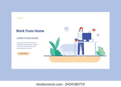 Working at home, co-working space, concept illustration. Young people, mаn and womаn Employees working on laptops and computers at home. People at home in quarantine. Vector flat style illustration