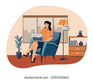 Working at home, coworking space concept. Busy Business Woman or Freelancer Working on Laptop Sitting at sofa Workplace Thinking of Task. Flat vector modern illustration 