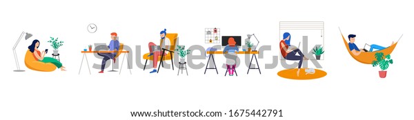 自宅での作業 共同作業スペース コンセプトイラスト 若い人々 男性 女性のフリー ランサーが 自宅でノートパソコンやコンピューターを使用しています 家の人が検疫中 ベクターフラットスタイルのイラスト のベクター画像素材 ロイヤリティ フリー
