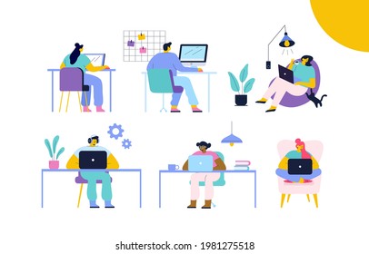 Working at home, coworking space flat vector illustration. People at home in quarantine. Freelancers working on laptops and computers at home.