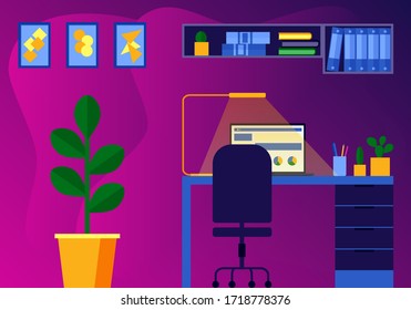 Working at home, coworking space. Study online watching webinar podcast on laptop listening learning education course conference calling make notes sit at work desk, elearning. Vector flat style.