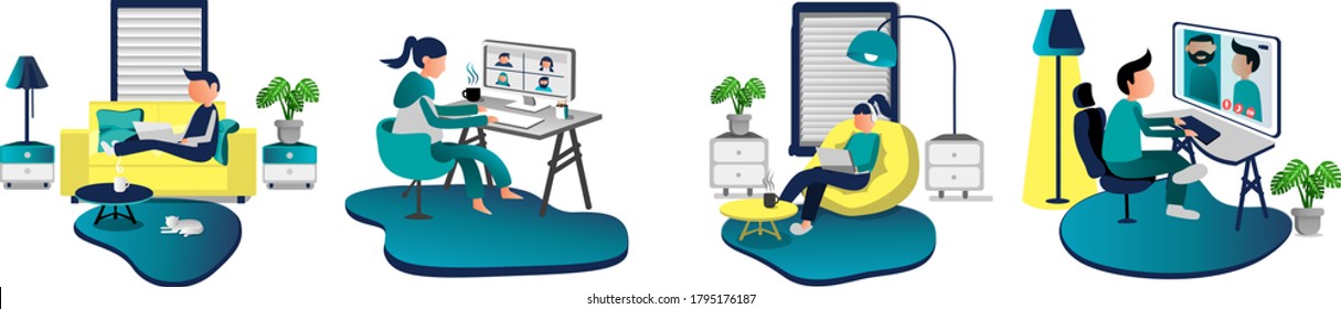 Working at home, coworking space, video comunication concept flat illustration vector. Young people, man and woman freelancers working on laptops and computers at home. People at home in quarantine. 