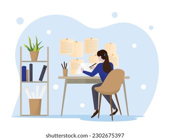 Working at home, coworking space, woman freelancers working on laptops and papers at home. People at home in quarantine.