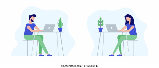 Working at home, coworking space. Young people, man and woman freelancers working on laptops and computers at home. People at home in quarantine. Vector flat style illustration