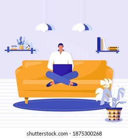 Working at home, coworking space. Young man is sitting with laptop on the yellow sofa at home. Freelancer working on laptop in apartment. Vector online education or social media concept illustration.