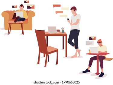 working from home in different poses, man and woman