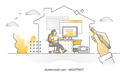 Working from home with distant domestic workplace monocolor outline concept. Flexible job workspace with internet connection vector illustration. Desktop with employee computer for self isolation.