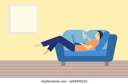 Working from home during COVID-19 concept, man lay on blue sofa with laptop and data sheet on hand.