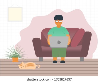 Working from home during COVID-19 concept, man using laptop on sofa and cat sleep on wood floor