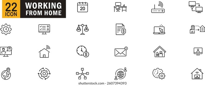 Working from home editable outline icon set. Remote, office, communication, internet, productivity, freelance, digital and more.