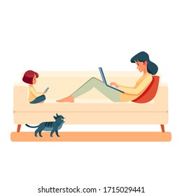 Working At Home. Family Mother And Child Daughter At Home With Laptop On The Sofa. People At Home Work In Quarantine. Cartoon Vector Illustration Isolated On White Background.