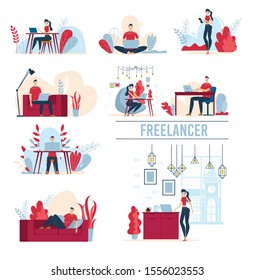 Working at Home Female, Male Freelancers Characters Trendy Flat Vector Set Isolated on White Background. Man and Woman Working on Distance, Sitting at Table, Lying on Sofa, Using Laptop Illustration