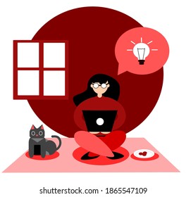Working From Home Flat Design, Woman Working With Her Laptop
