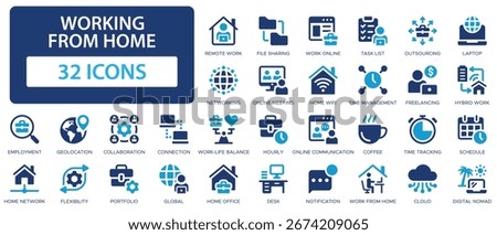 Working from home flat icons collection. Freelancing, online meeting, work online, digital nomad, desk, schedule, home office, remote work, hourly sign set.
