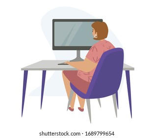 Working at home flat vector illustration.Woman, girl sitting at a table with a monitor, rear view. Distant work, preparation for the test, exams, online courses, e-learning, home trainings concept